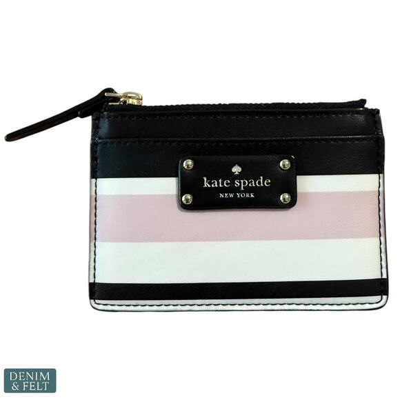 Kate Spade Striped Zip Cardholder Wallet Black White Pink Gold Hardware - Picture 1 of 7